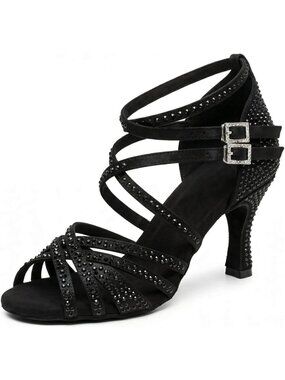 Women's Black Rhinestone Latin Satin Ballroom Salsa Party Heel Dance Shoes